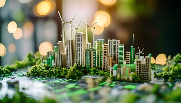 A closeup of an eco-friendly business chart on the screen, with green plants and wind turbines growing.