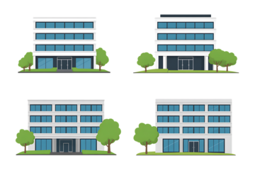Four modern office building illustrations isolated on transparent background