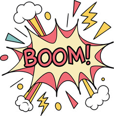  comic style explosion with boom in bold pop art on transparent background, t-shirt design or sticker ready to print