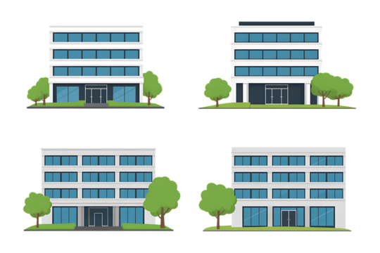 Four modern office building illustrations isolated on transparent background