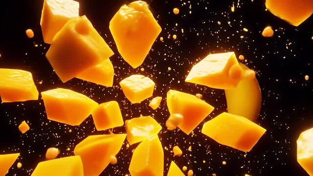 Vibrant Orange Mango Cubes Exploding Against a Black Background Studio Shot