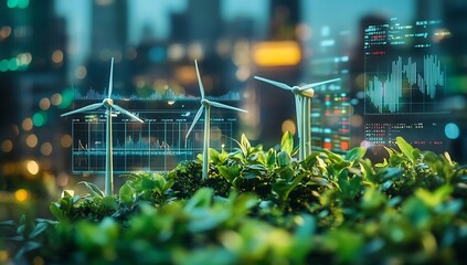 A closeup of an eco-friendly business chart on the screen, with green plants and wind turbines growing.
