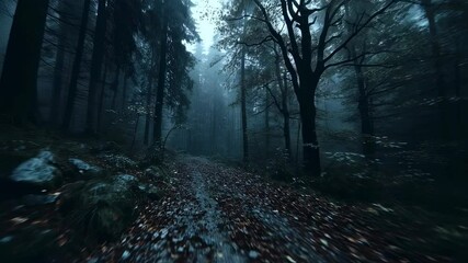 Misty forest path in autumn. Dark moody woodland scene with fallen leaves. Spooky atmospheric landscape for horror movie or book cover. Eerie nature photography. - Powered by Adobe
