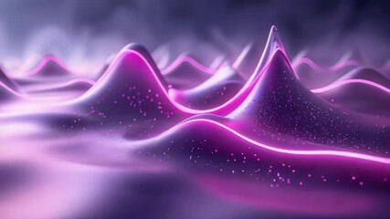 Camera starting pan over purple hills pulsing pink neon lines, glowing particles under shifting fog - Powered by Adobe