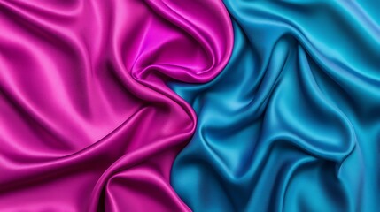 Smooth, shiny fabric folds in vibrant pink and blue colors create a luxurious and elegant texture contrast.