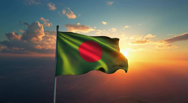 Bangladeshi flag waving gently in the wind against a beautiful sunset sky