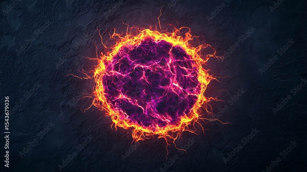 Poster a glowing, fiery orb with electric-like purple and orange energy arcs radiates against a dark textur
