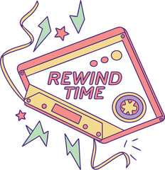 Retro 80s cassette tape with neon lines and “Rewind Time” on transparent background, t-shirt design  