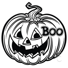 Fototapeta premium A cheerful, black and white illustration of a jack-o'-lantern with a wide smile and the word 