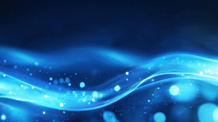 A blue and white abstract background with a wave-like pattern and glowing particles.