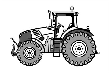 A drawn sketch of a tractor. Outline agrimotor, side view. Modern flat vector illustration. Side view of modern farm tractor
