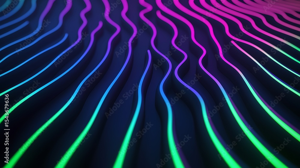 Poster abstract digital waves with neon colors of blue, purple, and green flowing smoothly on a dark surfac