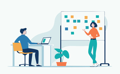 Businesspeople are working on laptops at desks in an office meeting