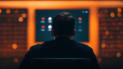 Man Looking At Screen With Video Conference Participants In Dark Environment