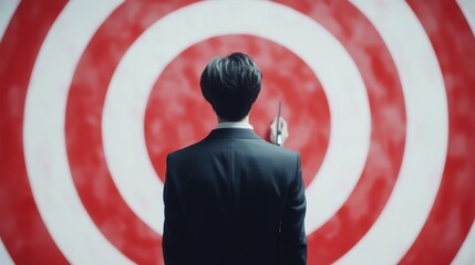 A business person plans for success. They set goals (vision), decide how to achieve them (mission), and take steps to reach them (action). A target shows their business aims.
