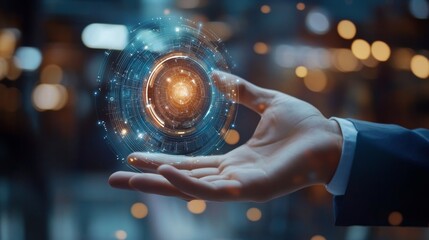 A businessperson shows an AI icon, representing how AI helps with computers and work. It highlights AI learning, modern tech, the internet, and using AI in daily life.
