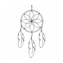 Black Line Art Dreamcatcher with Feathers Mandala Design