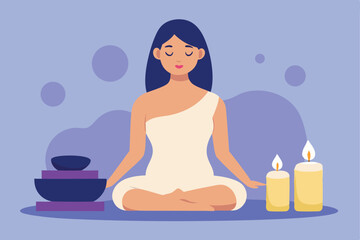 woman in towel with candles, massage stones, and calm background, flat wellness spa vector