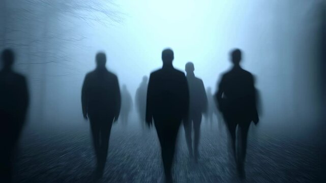 Mysterious silhouettes of men walking in fog. Eerie atmosphere for horror movie or thriller concept. Dark figures emerging from mist. Haunting scene with copy space.
