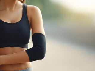 Woman wearing compression sleeve on elbow to alleviate joint pain symptoms in outdoor fitness environment