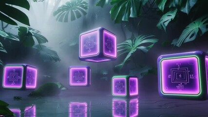 At start neon purple cubes rising and rotating over reflective water in glade with tropical leaves - Powered by Adobe