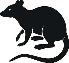 Fototapeta premium Minimalist black silhouette vector illustration of a rat in side view on white background, ideal for wildlife studies, scientific visuals, pest control graphics, and animal design themes
