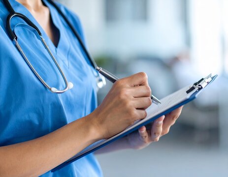 Close-up shot of nurse writing on clipboard, filling medical form in clinic