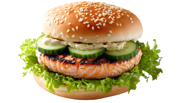 Close up of a salmon burger with cucumber and lettuce on a bun on transparent background png - Powered by Adobe