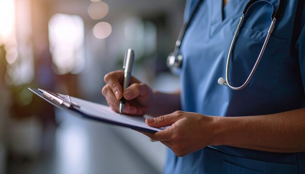 Close-up shot of nurse writing on clipboard, filling medical form in clinic