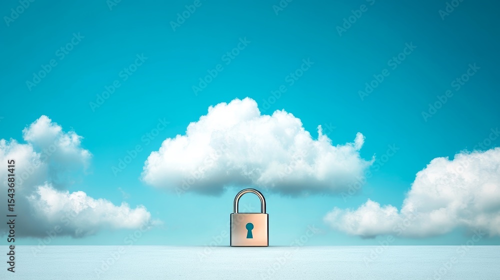 Poster cloud tech stores and manages data. a digital lock on a cloud shows info moving between big and smal
