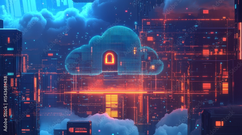Poster cloud tech stores and manages data. a digital lock on a cloud shows info moving between big and smal