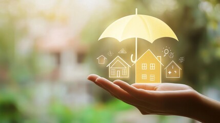 Home insurance protects your property. A person with an umbrella shields house icons, showing insurance covers different dangers.
