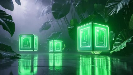 Gliding right neon cube forward after scene start in misty forest, center and purple cubes pulsing - Powered by Adobe