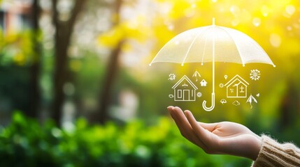 Home insurance protects your property. A person with an umbrella shields house icons, showing insurance covers different dangers.
