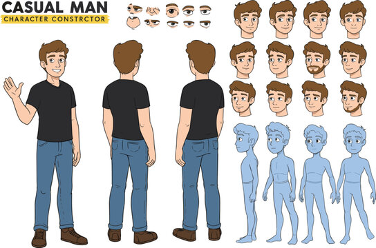 Casual man character constructor kit, cartoon vector set, front and back view, facial expressions, eye and body part options