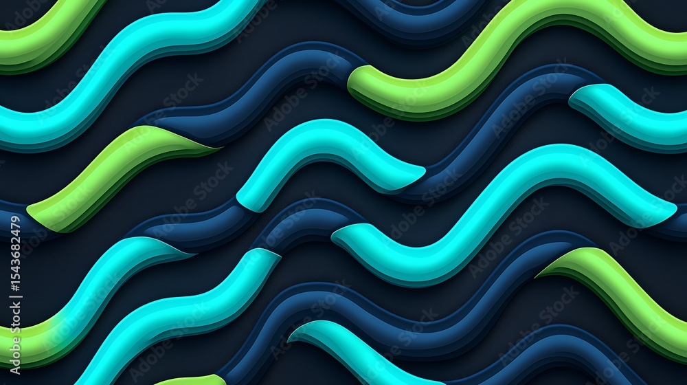 Poster abstract 3d design featuring wavy blue and green tubes on a dark blue layered background, creating a