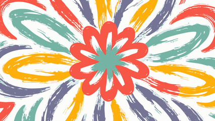 Abstract flower with brush strokes in red teal yellow and purple on a white textured background art