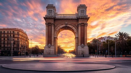 Valencia's La Porta de la Mar, once a medieval gate, now sits in a roundabout. This beautiful arch is a city symbol, seen under a bright sunset sky.
