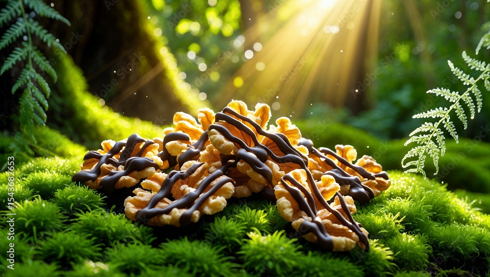 Poster walnuts with chocolate drizzle on green moss in forest setting