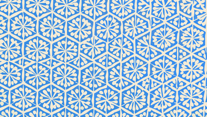 A repeating pattern of white floral shapes within blue hexagon outlines creating a tiled effect design
