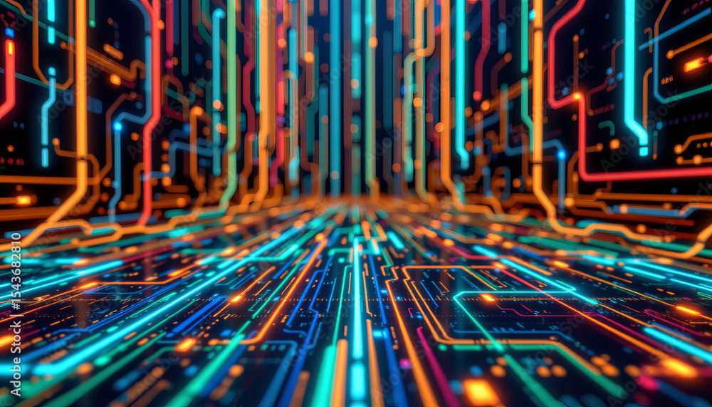Poster vibrant digital circuit design with glowing lines and patterns creating futuristic atmosphere