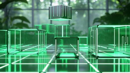 Shifting lighting illuminating wireframe cubes and grid in greenhouse, floating cube on pillar - Powered by Adobe