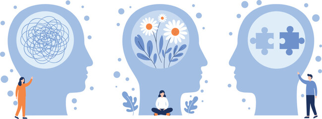 Mental health concept, emotional balance, brain wellness, cognitive development, stress relief, therapy illustration, positive thinking, mindfulness growth