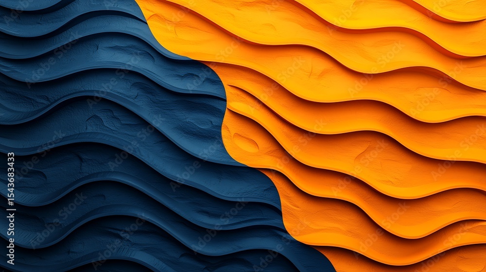 Poster abstract textured waves in blue and orange colors create a vibrant, flowing pattern with a woodgrain