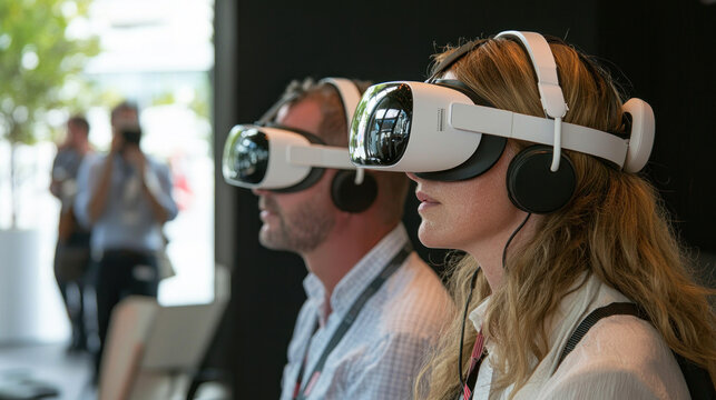 Businessman and woman using VR headset on working 