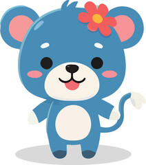 Cheerful Blue Cartoon Mouse with Red Flower and Pink Cheeks Illustration.