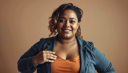 Proud plus-size woman smiling while adjusting her top indoors  