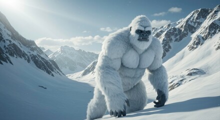 Majestic Yeti Strolls Through Snow-Capped Mountains Under Bright Sunlight