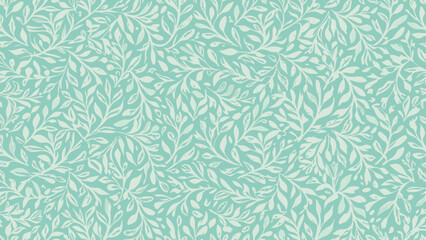 Aesthetic light teal background with a repeating pattern of white leaves and branches creating a dense foliage effect