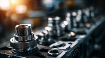 Naklejka premium Automotive engine close-up with tools on workbench, precision and craftsmanship in focus
